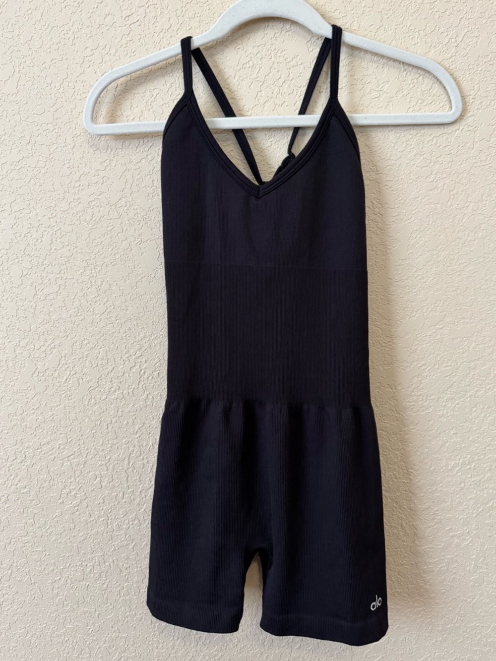 Alo Black Seamless Ribbed Favorite Onesie, Size XS/S